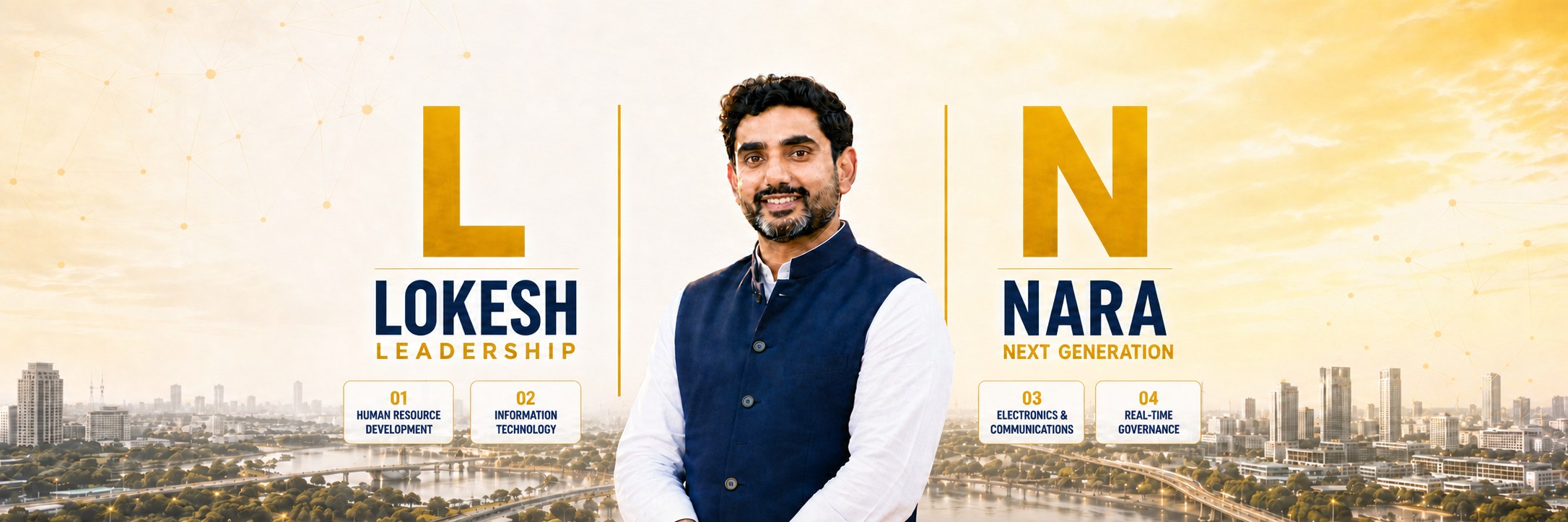 Nara Lokesh before the Amaravati skyline — L is for Lokesh, Leadership; N is for Nara, Next Generation. Human Resource Development, Information Technology, Electronics & Communications, Real-Time Governance.
